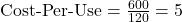  \text{Cost-Per-Use} = \frac{600}{120} = 5 