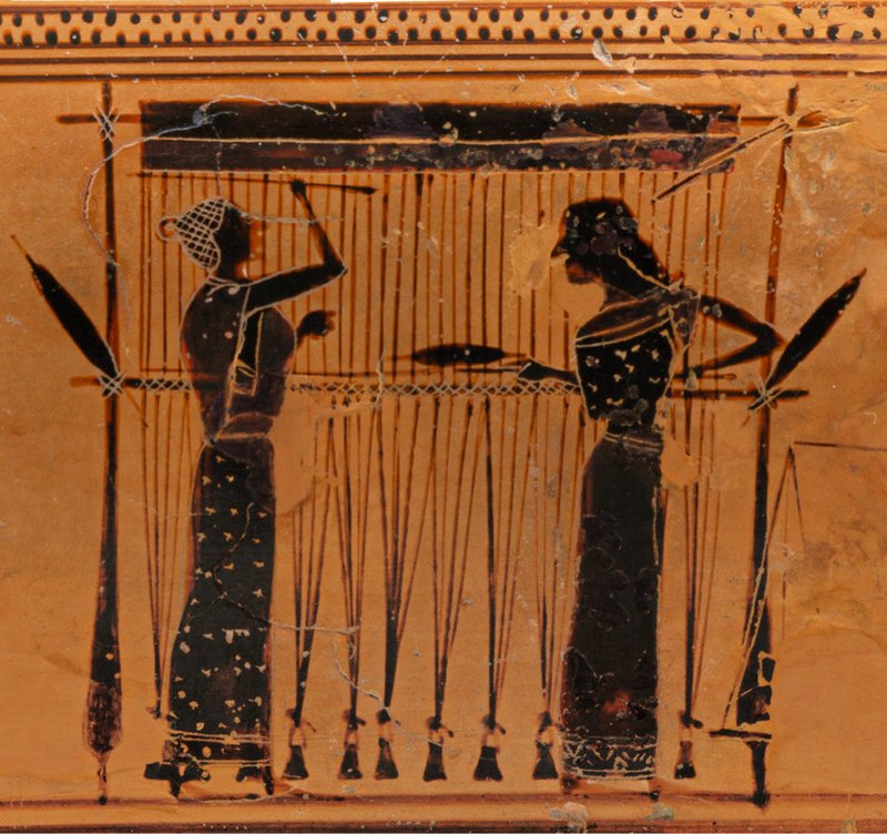 Detail of a Grecian urn in the Metropolitan museum that depicts the production of cloth from the spinning of thread or yarn to the finished woven piece. The detail shows a warp-weighted loom.