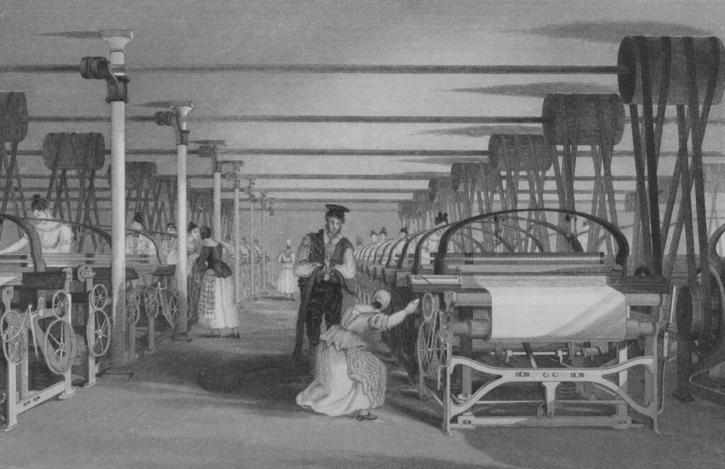  Illustration of power loom weaving.