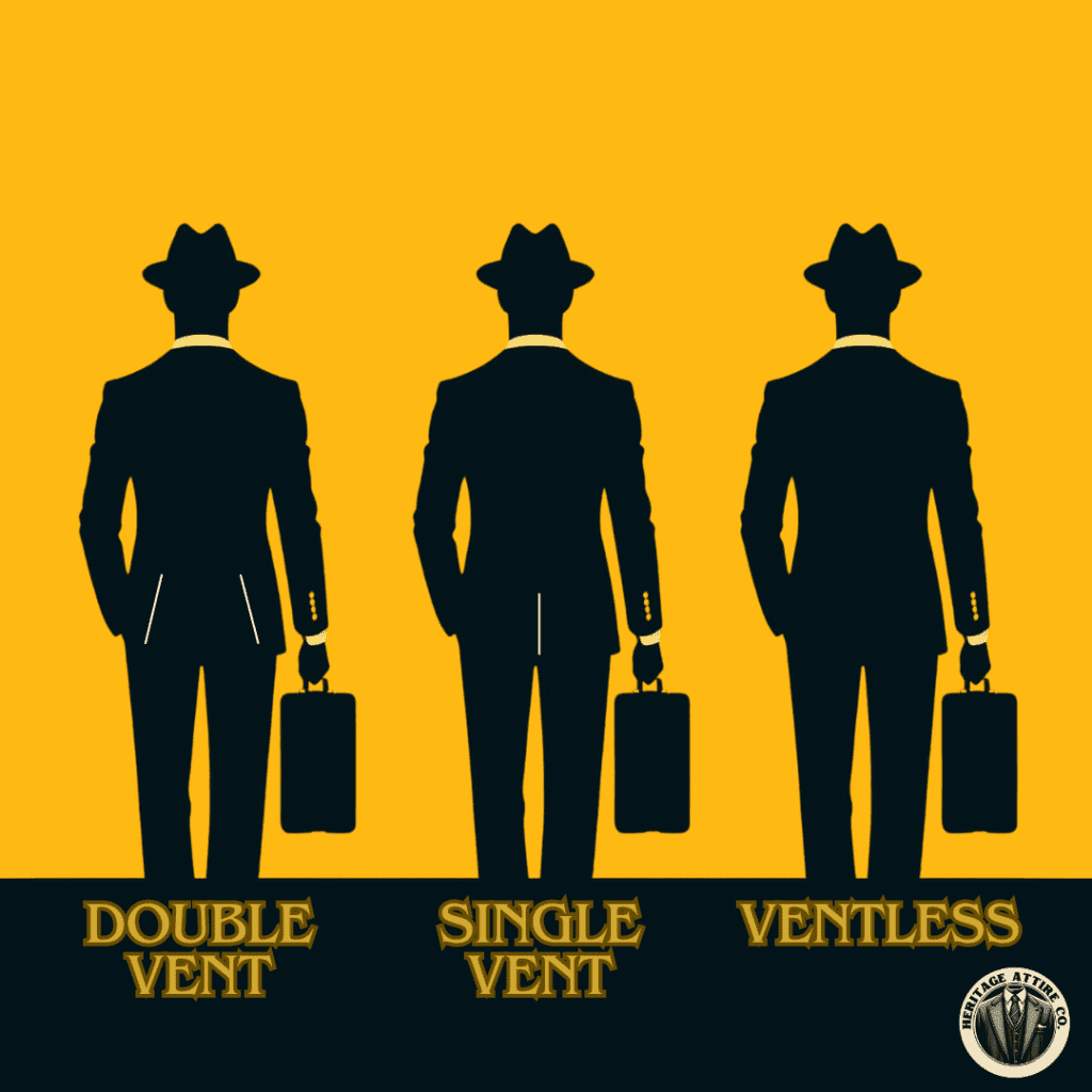 Suit Jacket Styles, Double Vent, Single Vent and Ventless.