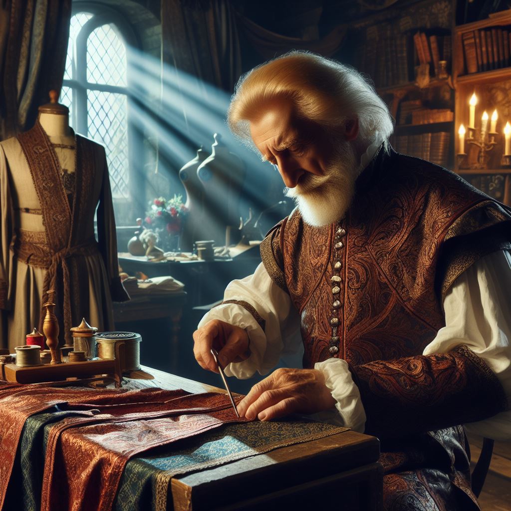 Medieval tailor trying to put together a garment for the lord of a castle