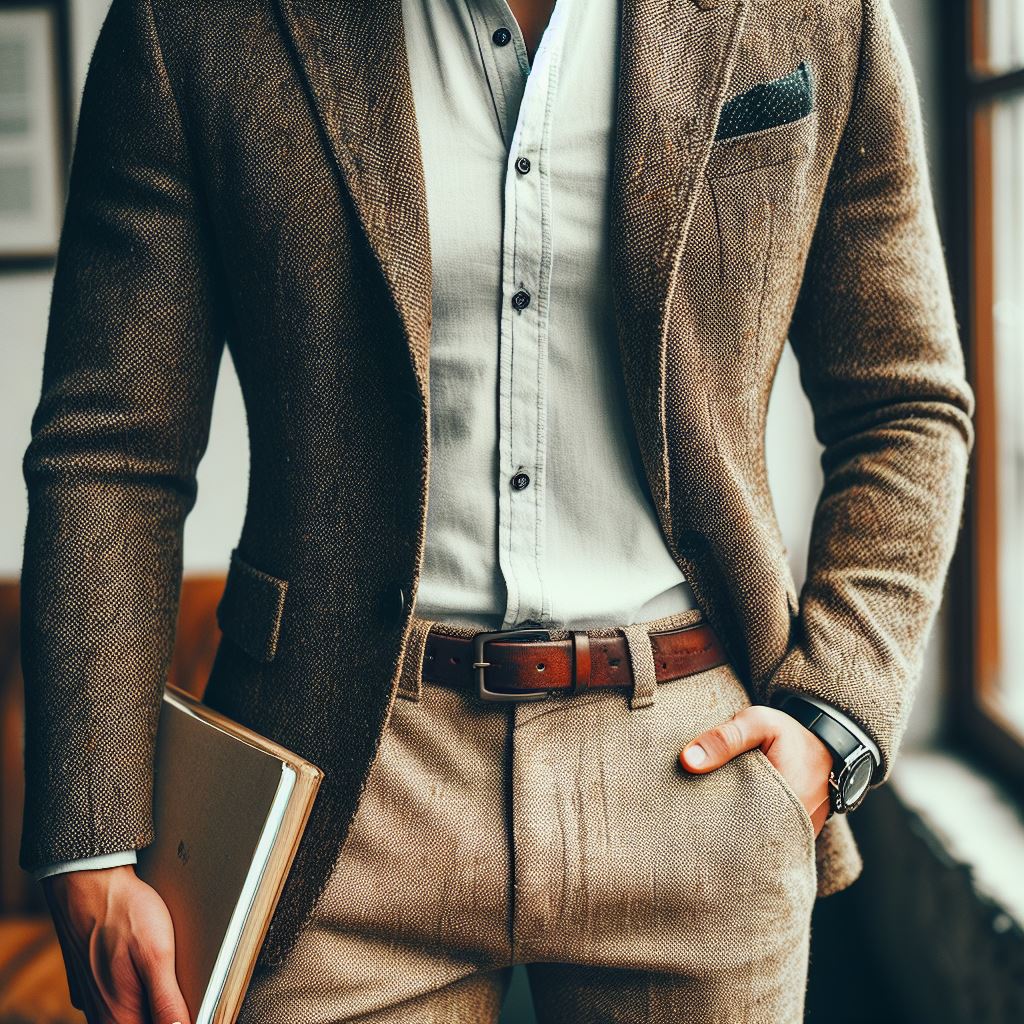 A smart casual outfit. The outfit should be a guy wearing a well fitted tweed sport coat, a button-down shirt, and tailored chinos