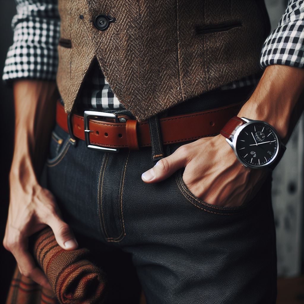 A guy with a classic watch, a leather belt and a pocket square