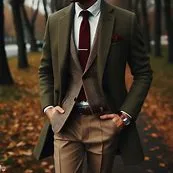 A guy in a olive sport coat, with khaki trousers and a burgundy tie. Image 1 of 4