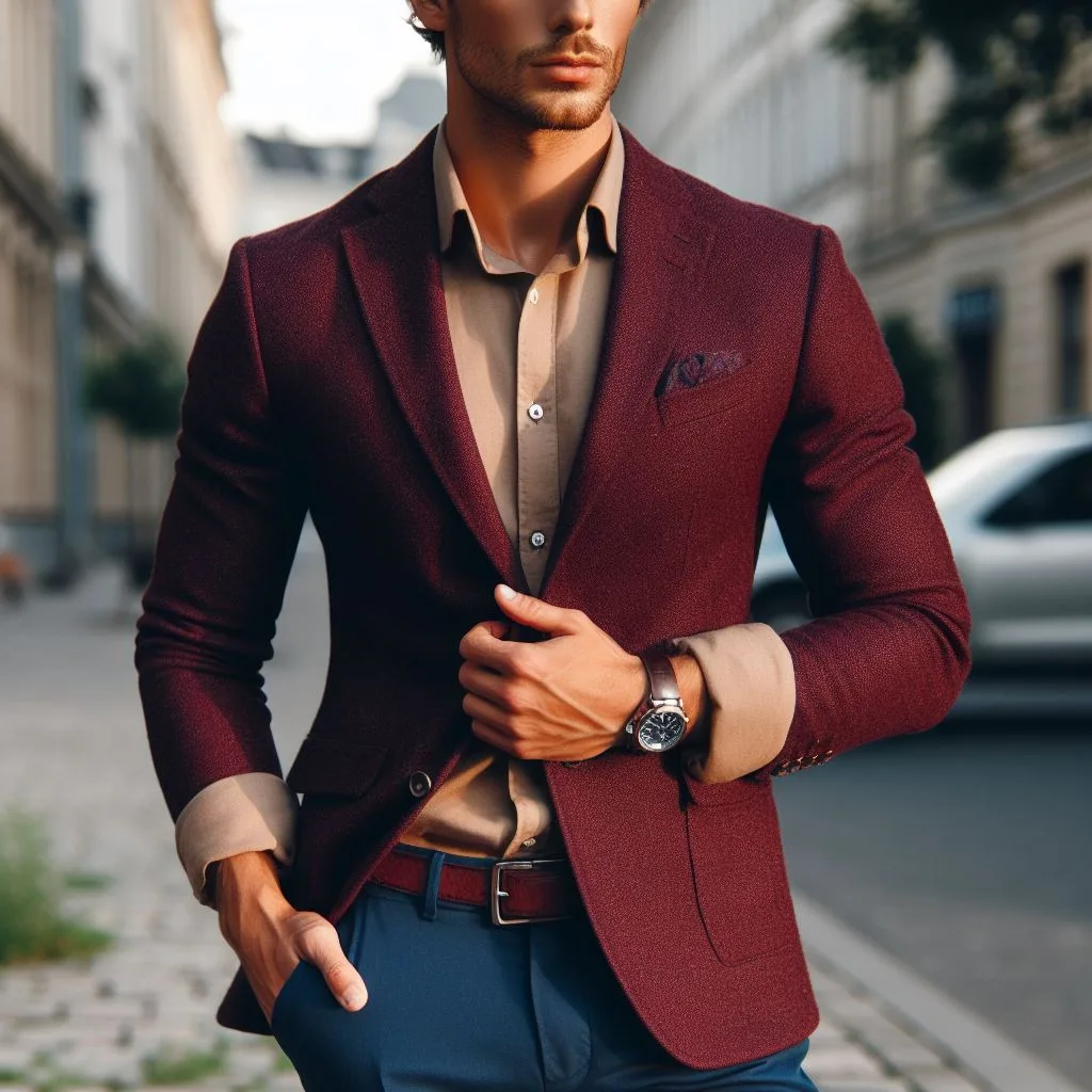 A guy in a burgundy Blazer with a biege shirt and blue trousers