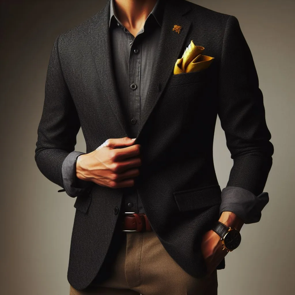 A guy in a characoal blazer with a gray shirt and a yellow pocketsquare