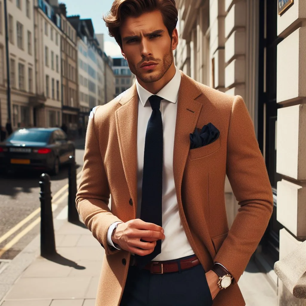 A guy in a camel sport coat, a white shirt and navy trousers and pocket square